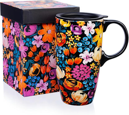 Botanical Ceramic Travel Mug with Lid, 17oz Floral Coffee Mug | Microwave & Dishwasher Safe Tea Cup with Gift Box