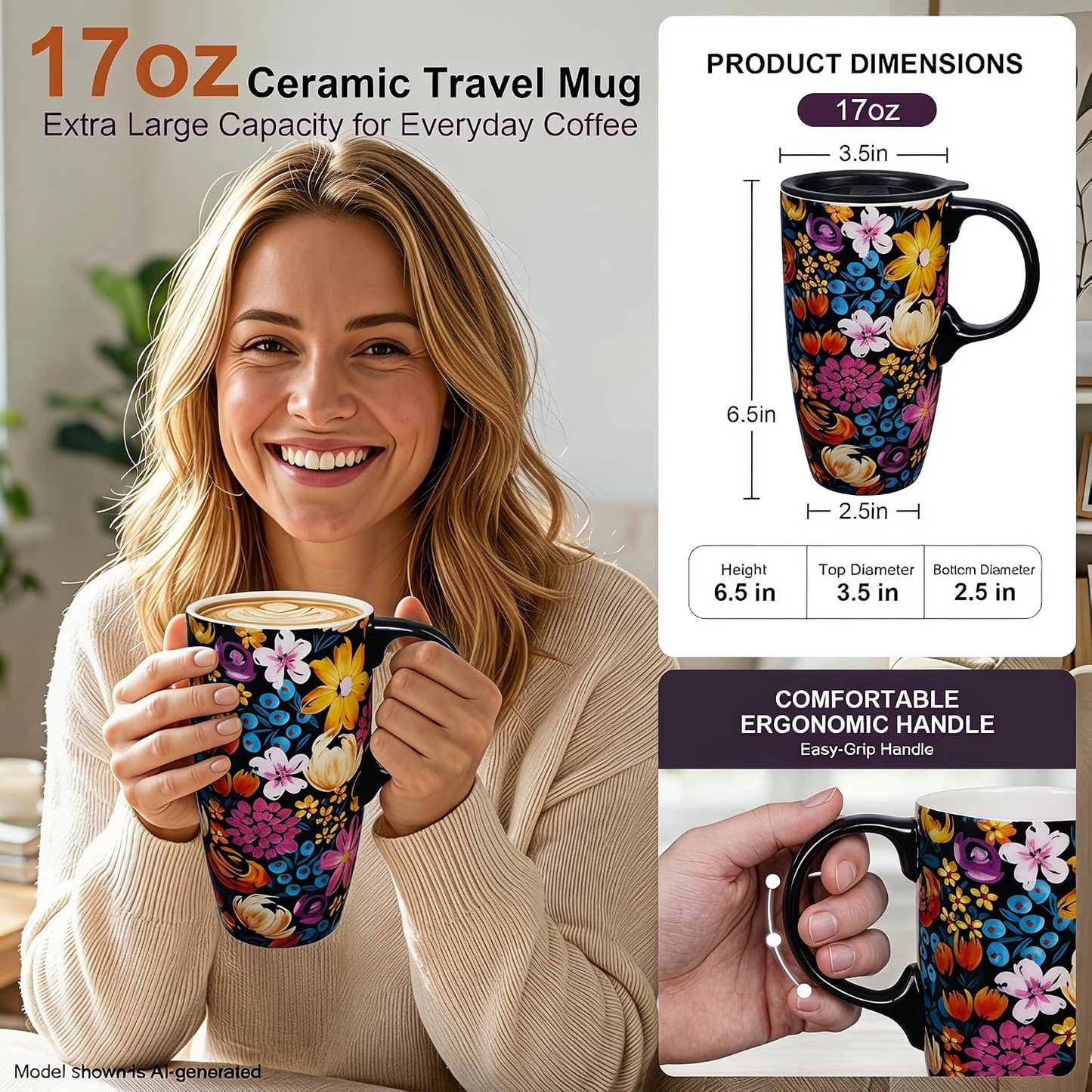 Botanical Ceramic Travel Mug with Lid, 17oz Floral Coffee Mug | Microwave & Dishwasher Safe Tea Cup with Gift Box