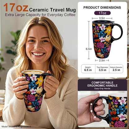 Botanical Ceramic Travel Mug with Lid, 17oz Floral Coffee Mug | Microwave & Dishwasher Safe Tea Cup with Gift Box