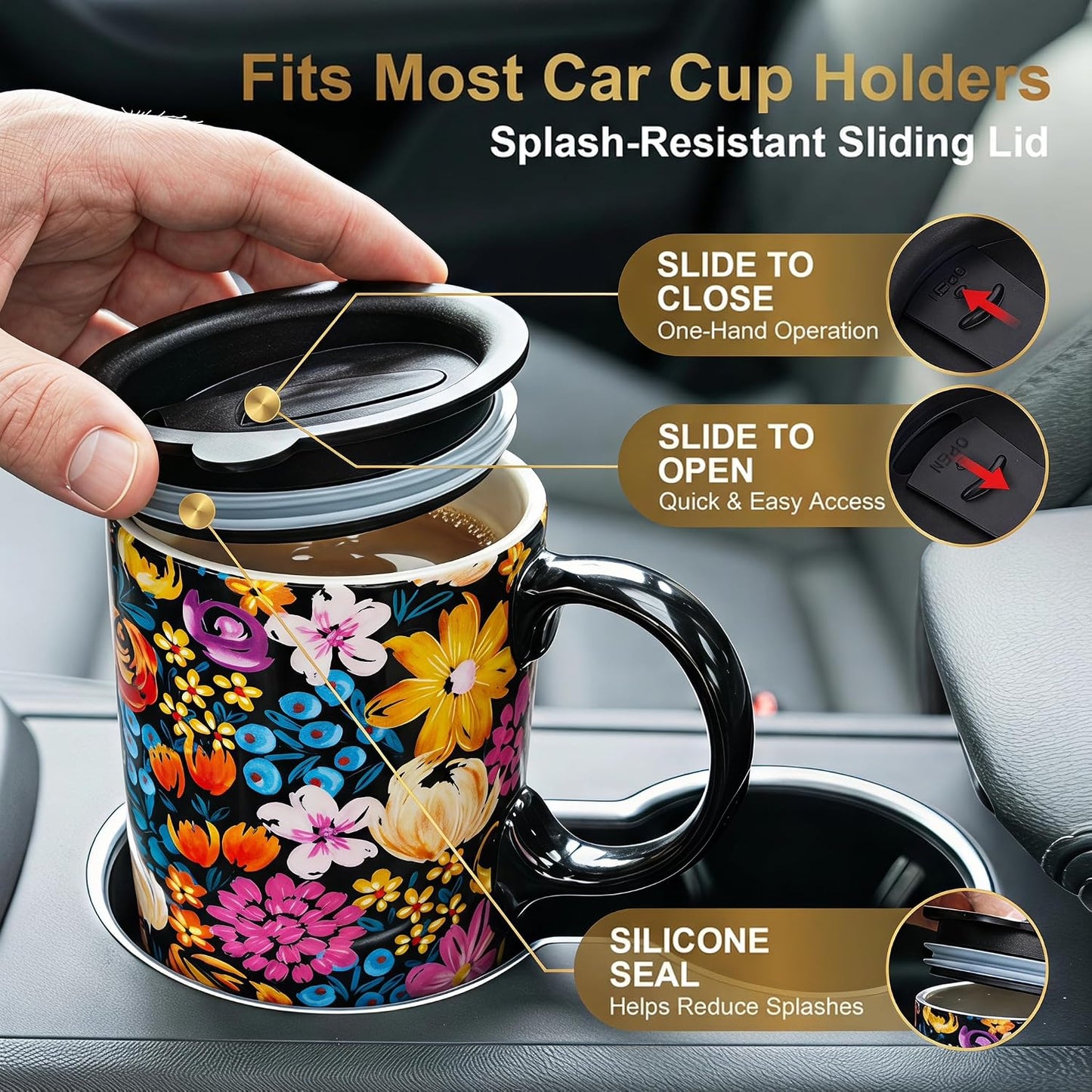 Botanical Ceramic Travel Mug with Lid, 17oz Floral Coffee Mug | Microwave & Dishwasher Safe Tea Cup with Gift Box