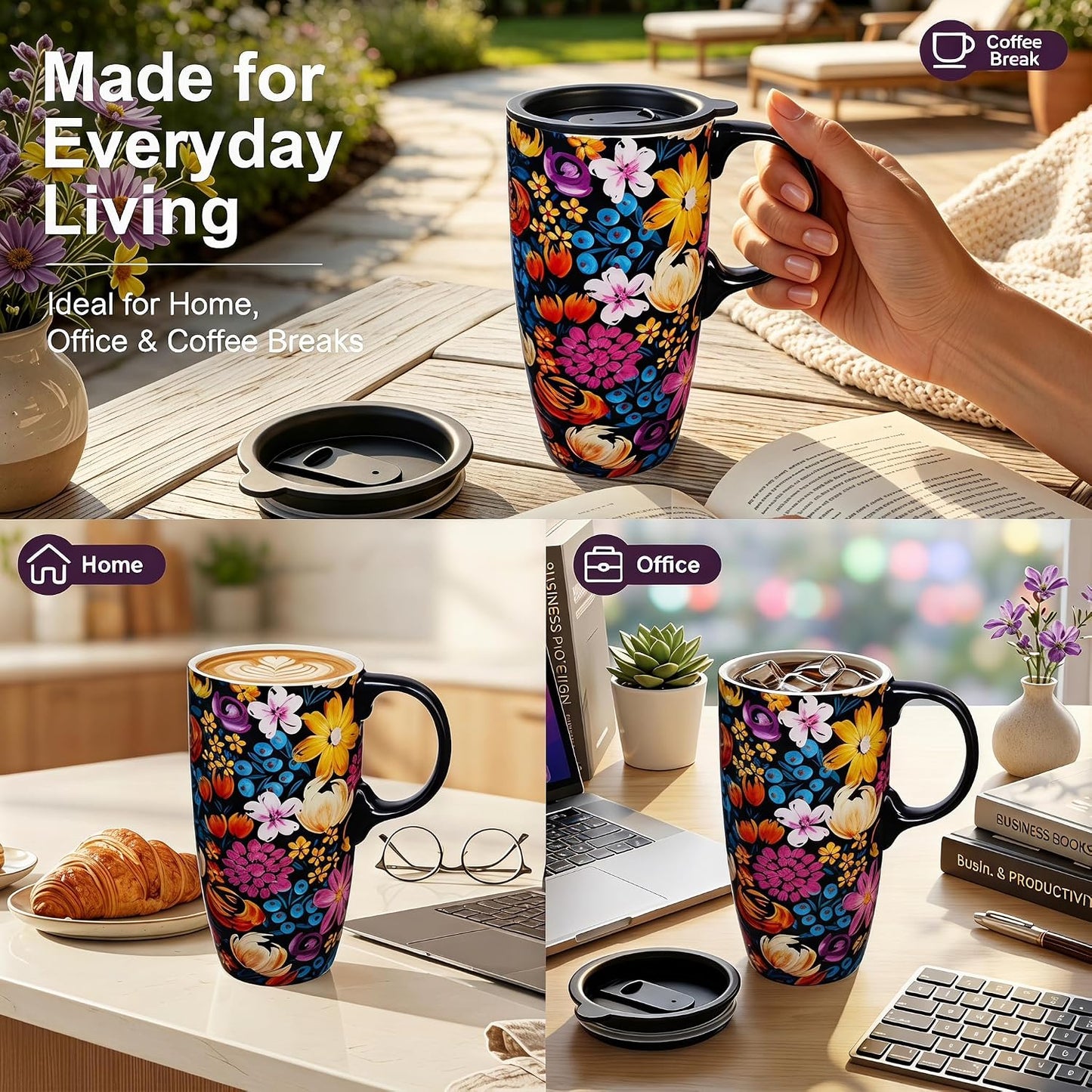 Botanical Ceramic Travel Mug with Lid, 17oz Floral Coffee Mug | Microwave & Dishwasher Safe Tea Cup with Gift Box