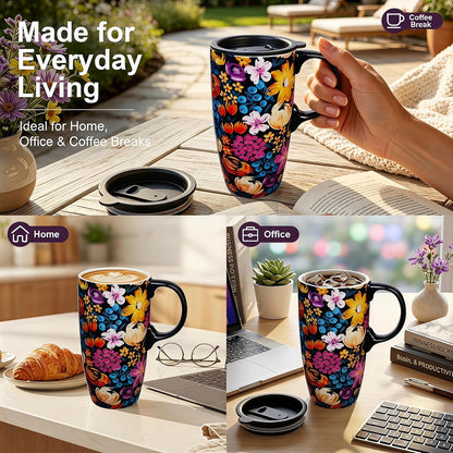 Botanical Ceramic Travel Mug with Lid, 17oz Floral Coffee Mug | Microwave & Dishwasher Safe Tea Cup with Gift Box