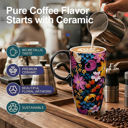 Botanical Ceramic Travel Mug with Lid, 17oz Floral Coffee Mug | Microwave & Dishwasher Safe Tea Cup with Gift Box