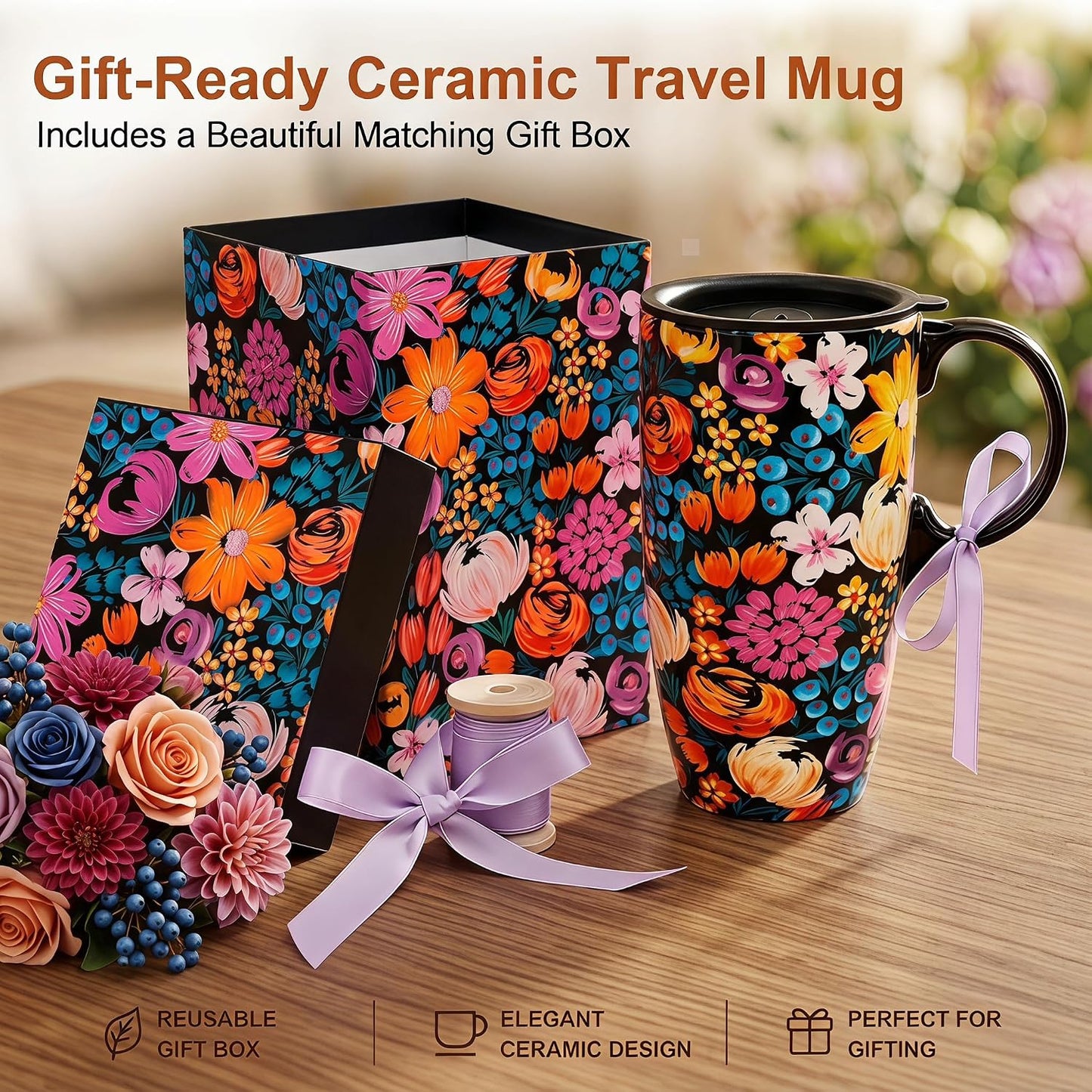 Botanical Ceramic Travel Mug with Lid, 17oz Floral Coffee Mug | Microwave & Dishwasher Safe Tea Cup with Gift Box