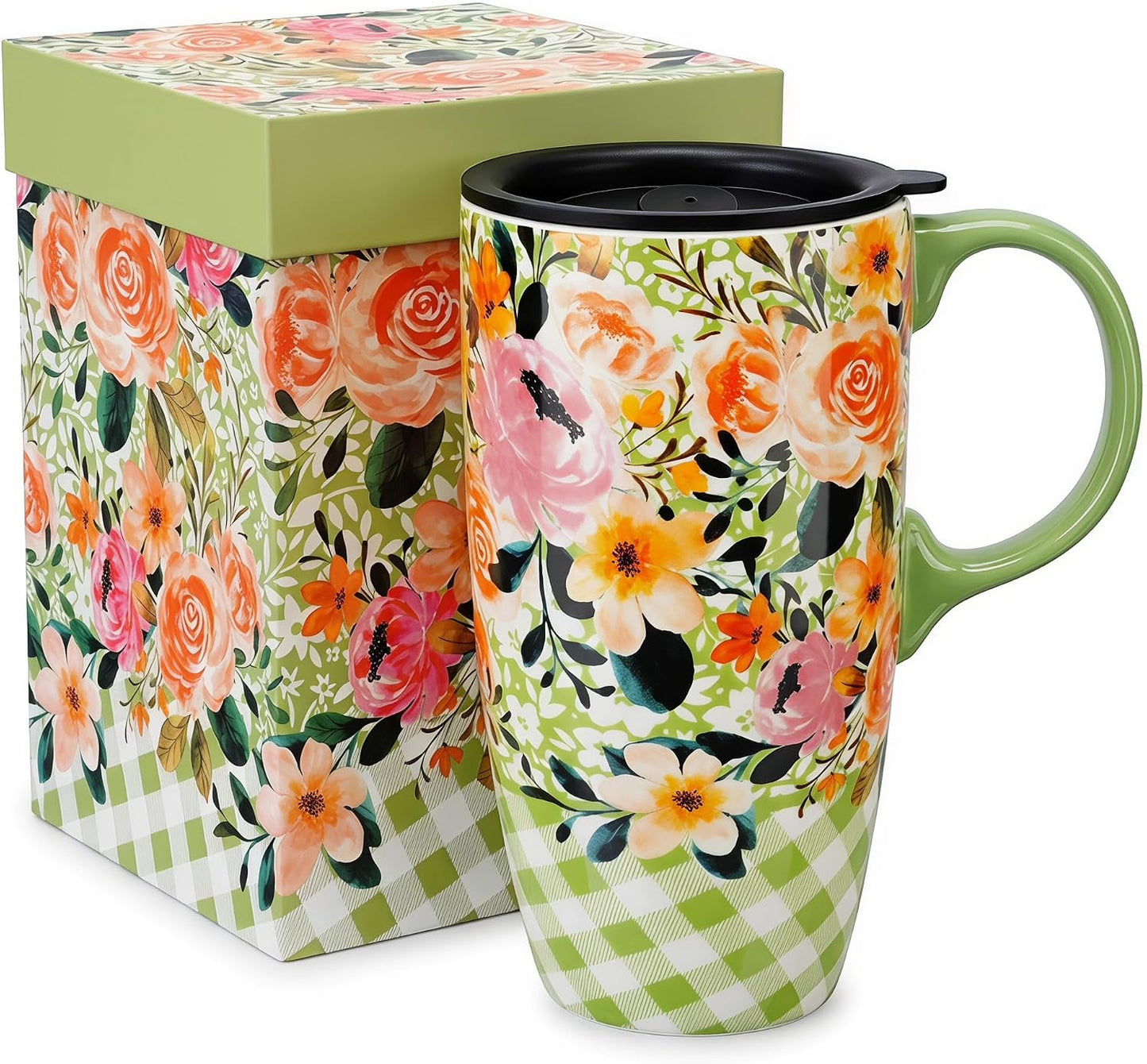 Botanical Ceramic Travel Mug with Lid, 17oz Floral Coffee Mug | Microwave & Dishwasher Safe Tea Cup with Gift Box