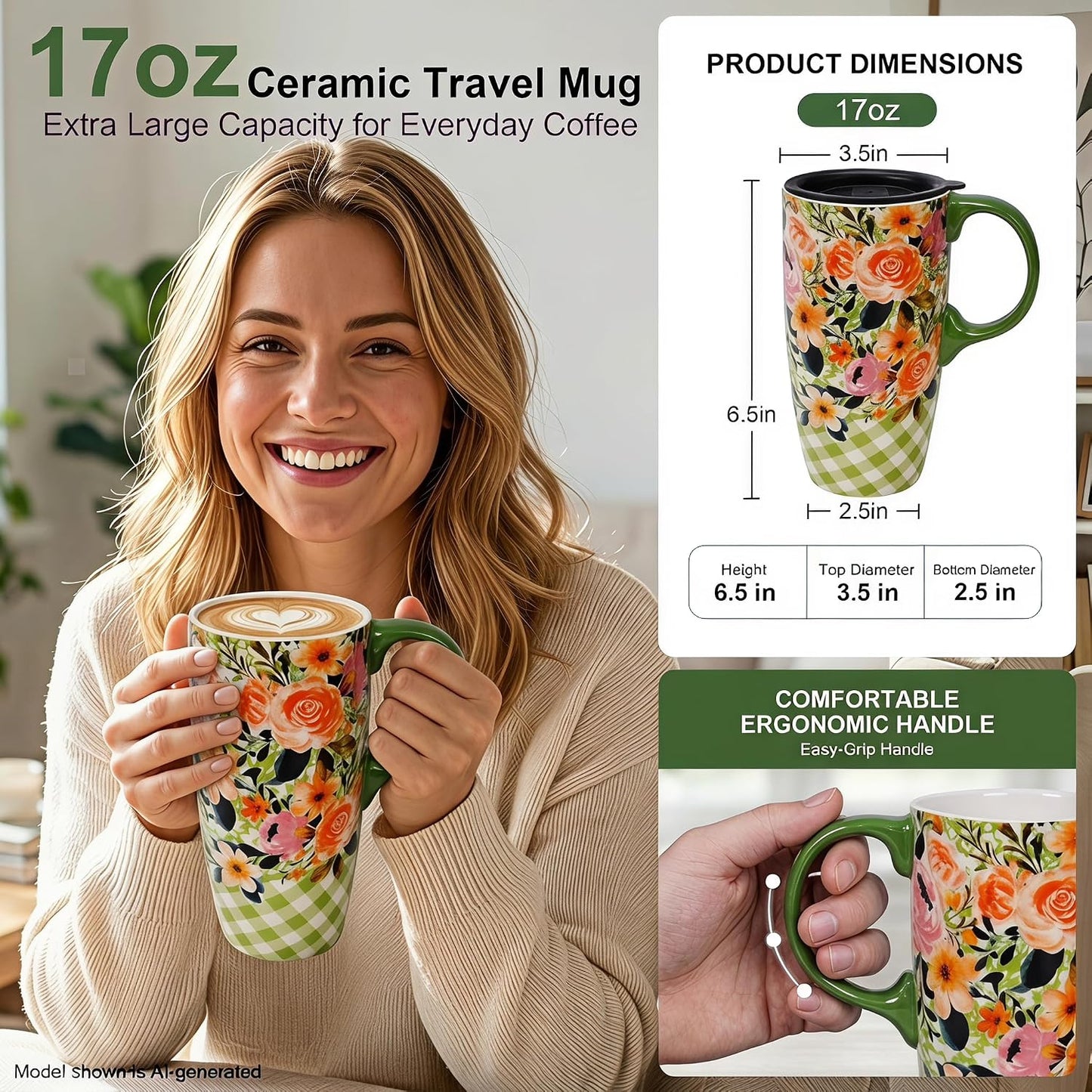 Botanical Ceramic Travel Mug with Lid, 17oz Floral Coffee Mug | Microwave & Dishwasher Safe Tea Cup with Gift Box
