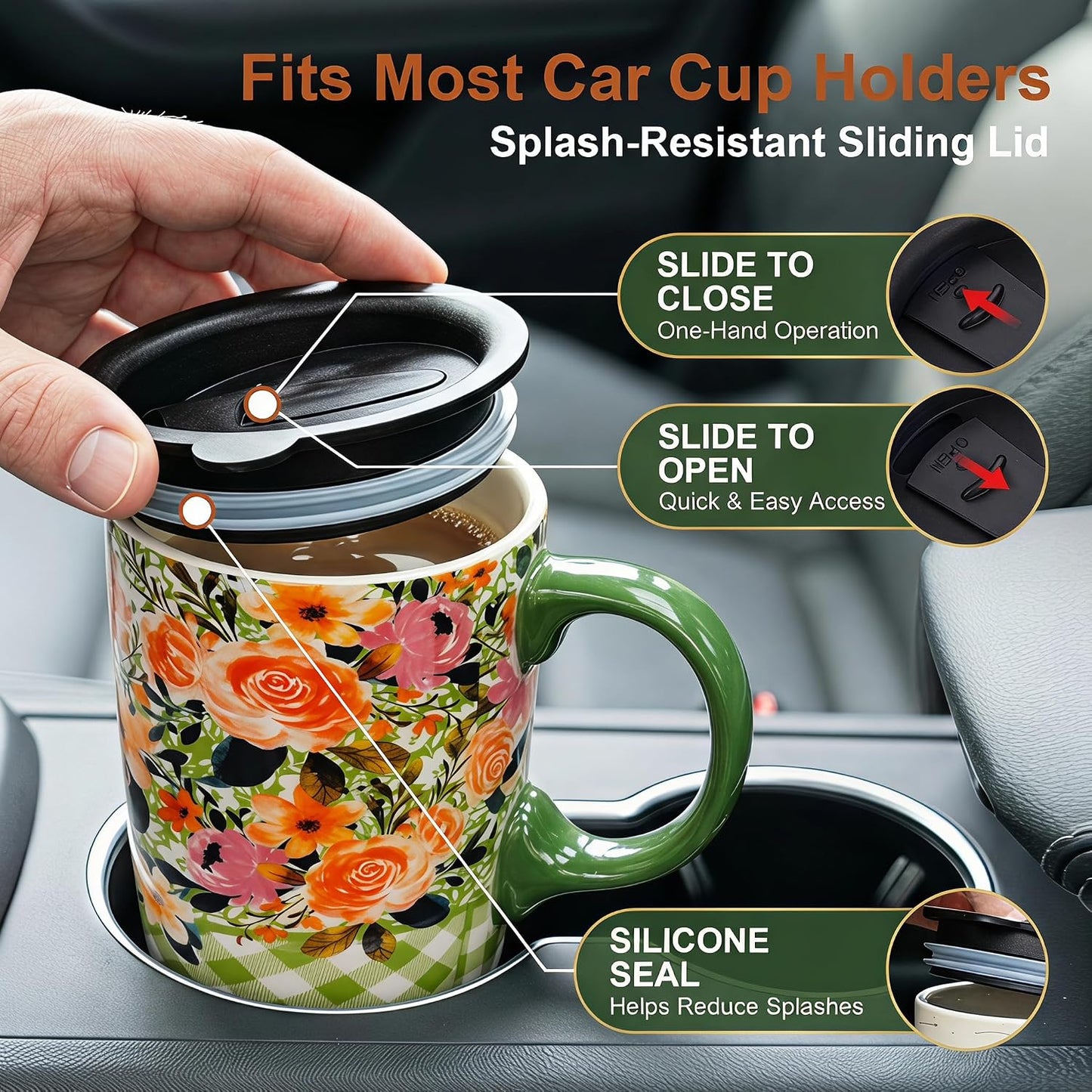 Botanical Ceramic Travel Mug with Lid, 17oz Floral Coffee Mug | Microwave & Dishwasher Safe Tea Cup with Gift Box