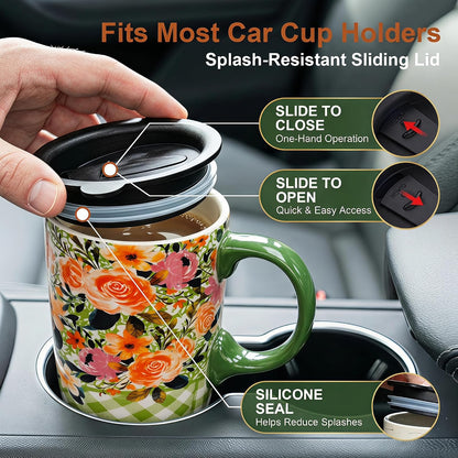 Botanical Ceramic Travel Mug with Lid, 17oz Floral Coffee Mug | Microwave & Dishwasher Safe Tea Cup with Gift Box
