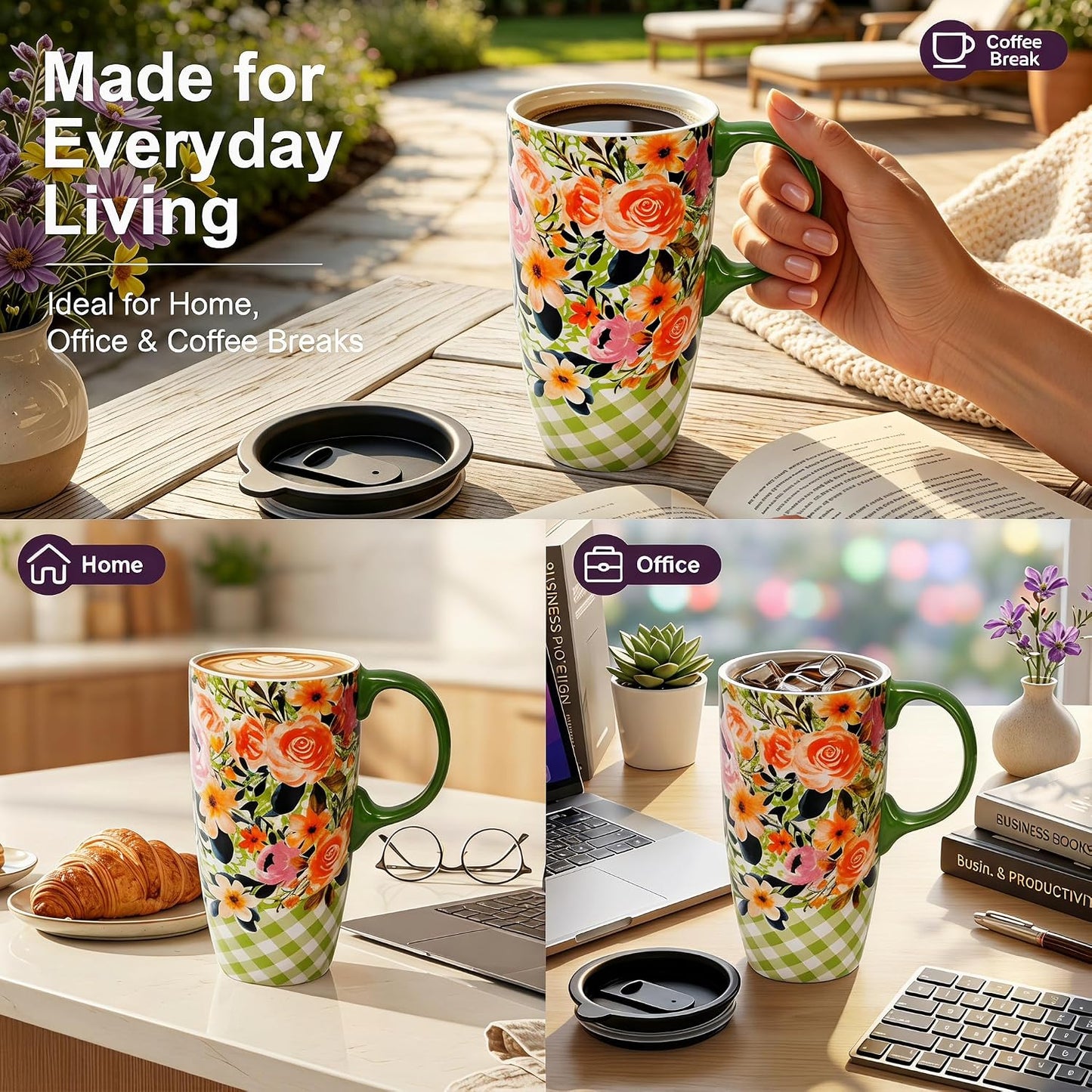 Botanical Ceramic Travel Mug with Lid, 17oz Floral Coffee Mug | Microwave & Dishwasher Safe Tea Cup with Gift Box