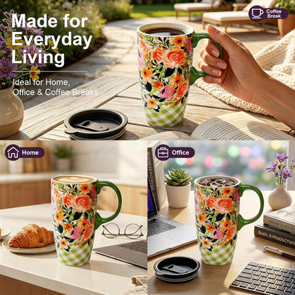 Botanical Ceramic Travel Mug with Lid, 17oz Floral Coffee Mug | Microwave & Dishwasher Safe Tea Cup with Gift Box