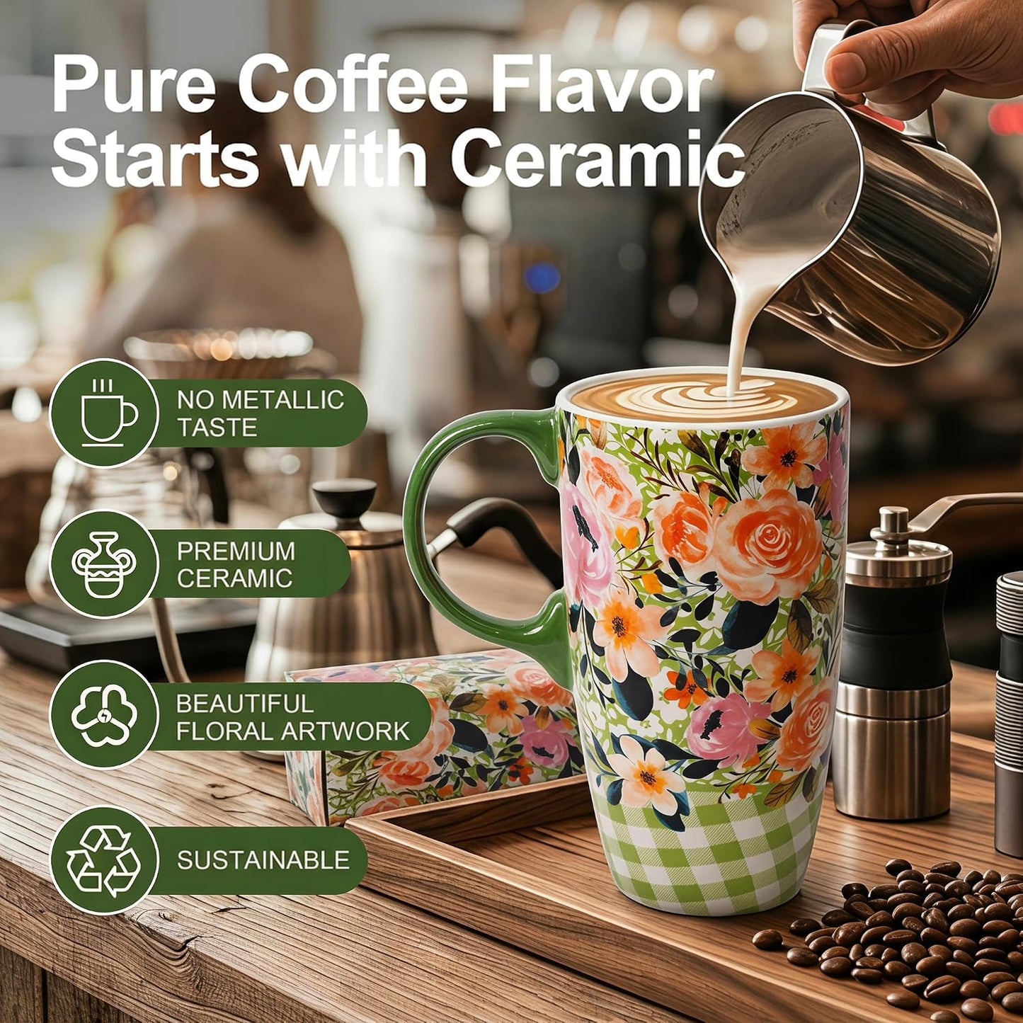 Botanical Ceramic Travel Mug with Lid, 17oz Floral Coffee Mug | Microwave & Dishwasher Safe Tea Cup with Gift Box