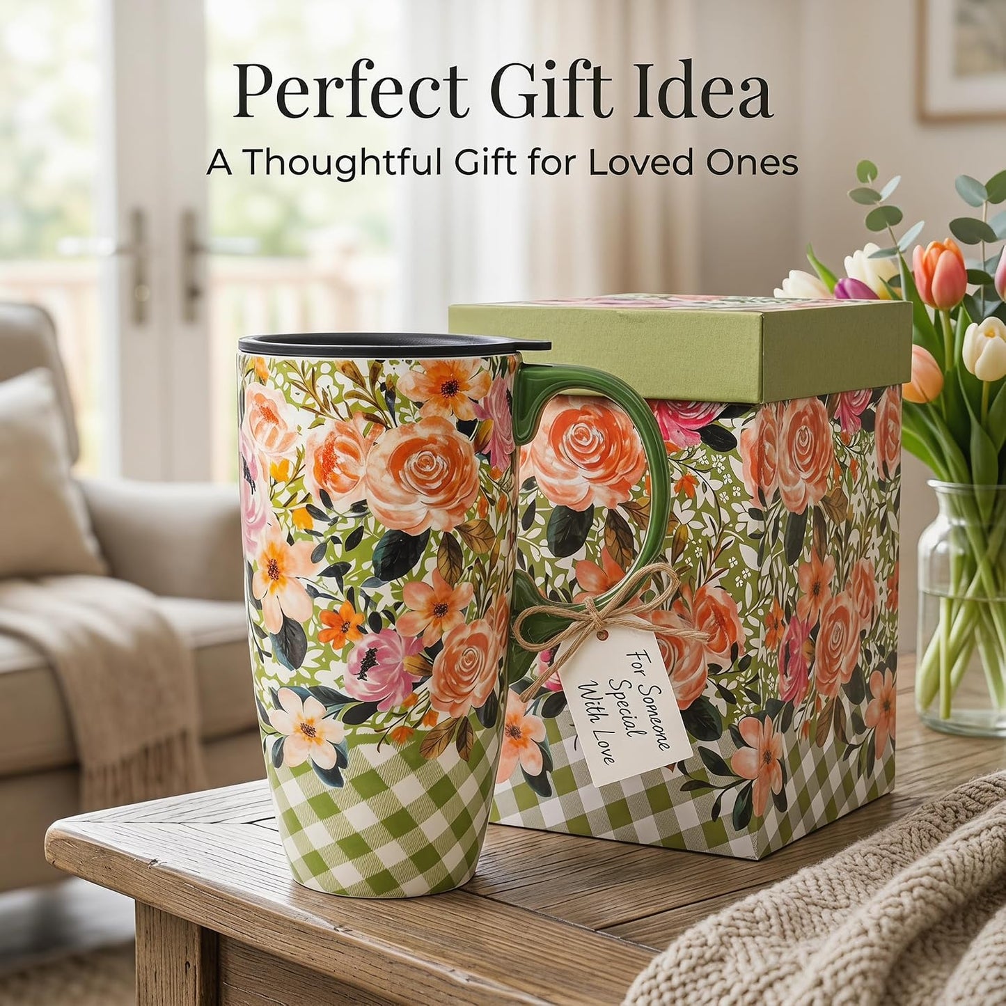 Botanical Ceramic Travel Mug with Lid, 17oz Floral Coffee Mug | Microwave & Dishwasher Safe Tea Cup with Gift Box