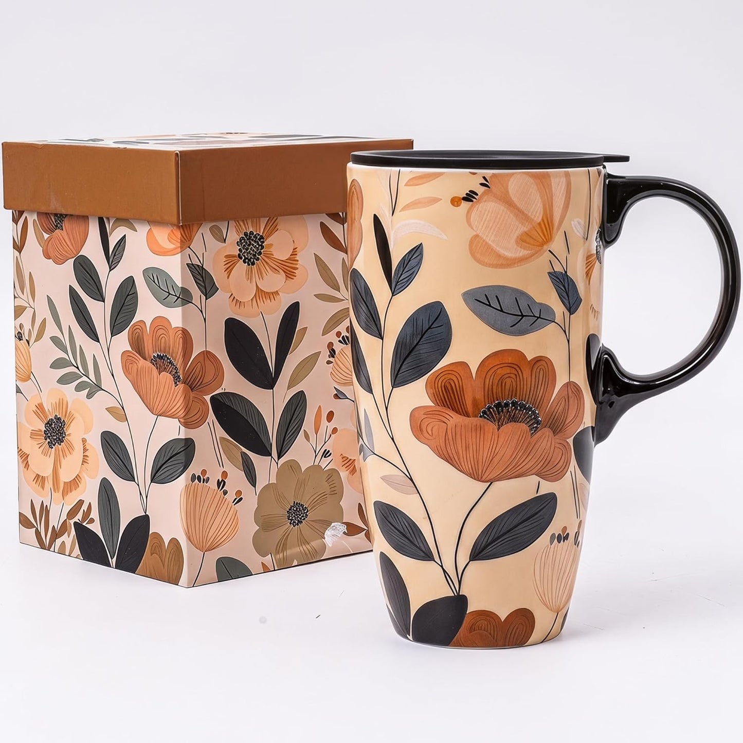 Botanical Ceramic Travel Mug with Lid, 17oz Floral Coffee Mug | Microwave & Dishwasher Safe Tea Cup with Gift Box