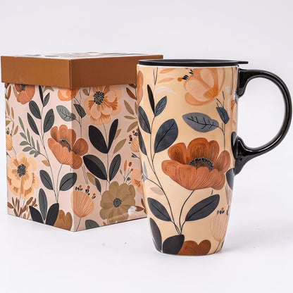 Botanical Ceramic Travel Mug with Lid, 17oz Floral Coffee Mug | Microwave & Dishwasher Safe Tea Cup with Gift Box
