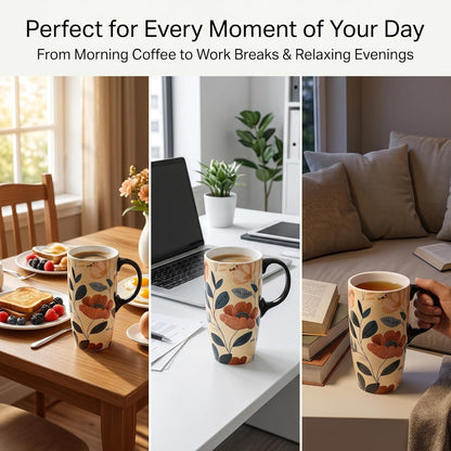 Botanical Ceramic Travel Mug with Lid, 17oz Floral Coffee Mug | Microwave & Dishwasher Safe Tea Cup with Gift Box