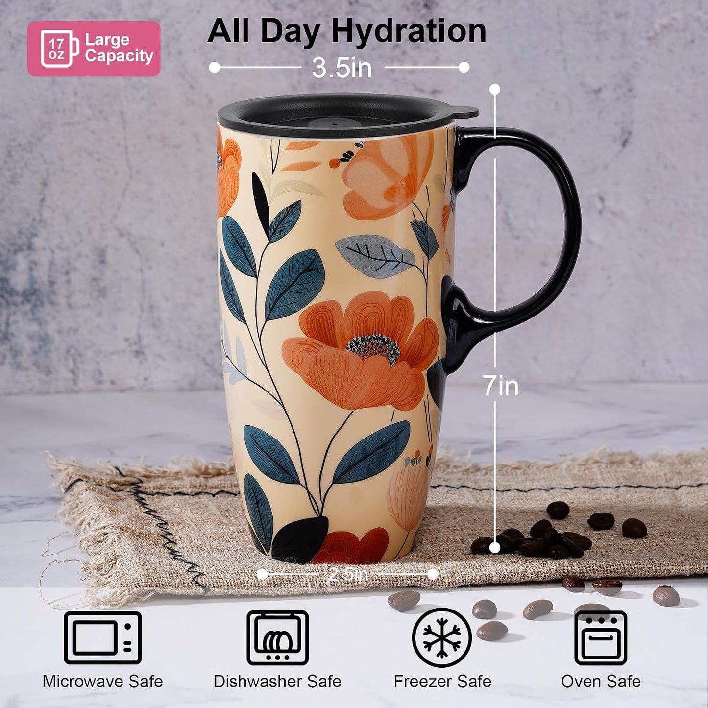 Botanical Ceramic Travel Mug with Lid, 17oz Floral Coffee Mug | Microwave & Dishwasher Safe Tea Cup with Gift Box