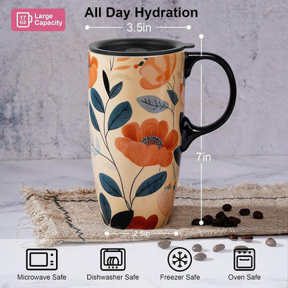 Botanical Ceramic Travel Mug with Lid, 17oz Floral Coffee Mug | Microwave & Dishwasher Safe Tea Cup with Gift Box