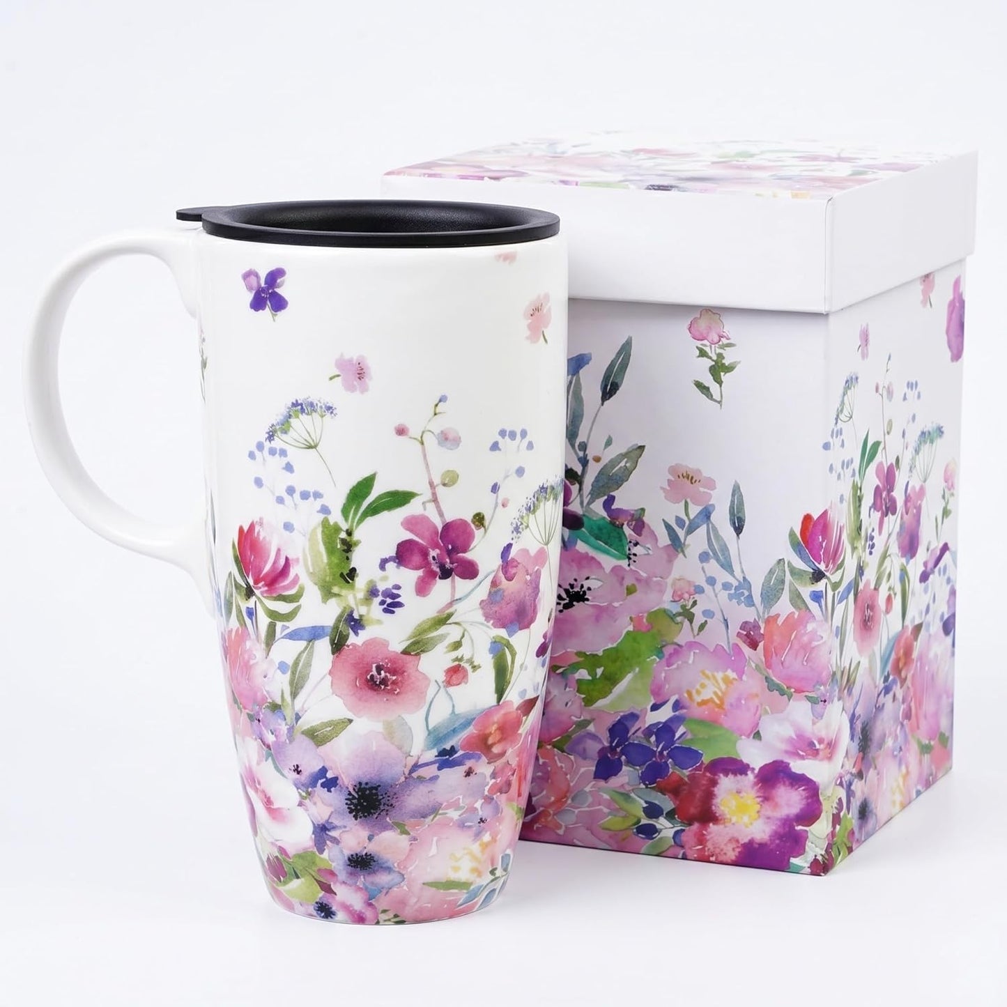 Botanical Ceramic Travel Mug with Lid, 17oz Floral Coffee Mug | Microwave & Dishwasher Safe Tea Cup with Gift Box