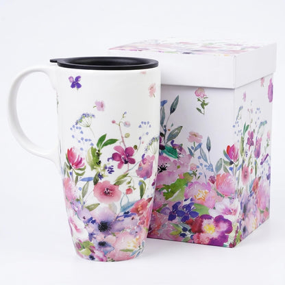 Botanical Ceramic Travel Mug with Lid, 17oz Floral Coffee Mug | Microwave & Dishwasher Safe Tea Cup with Gift Box