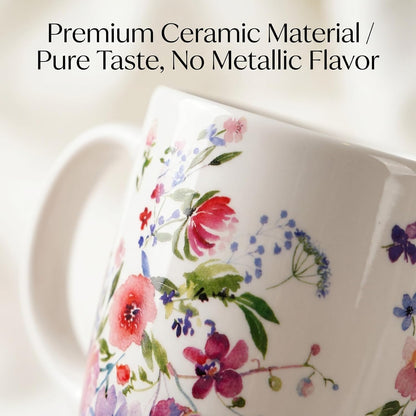 Botanical Ceramic Travel Mug with Lid, 17oz Floral Coffee Mug | Microwave & Dishwasher Safe Tea Cup with Gift Box