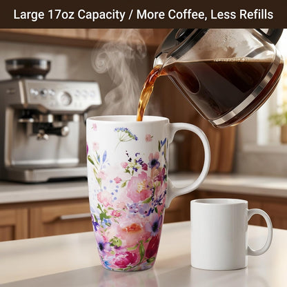 Botanical Ceramic Travel Mug with Lid, 17oz Floral Coffee Mug | Microwave & Dishwasher Safe Tea Cup with Gift Box