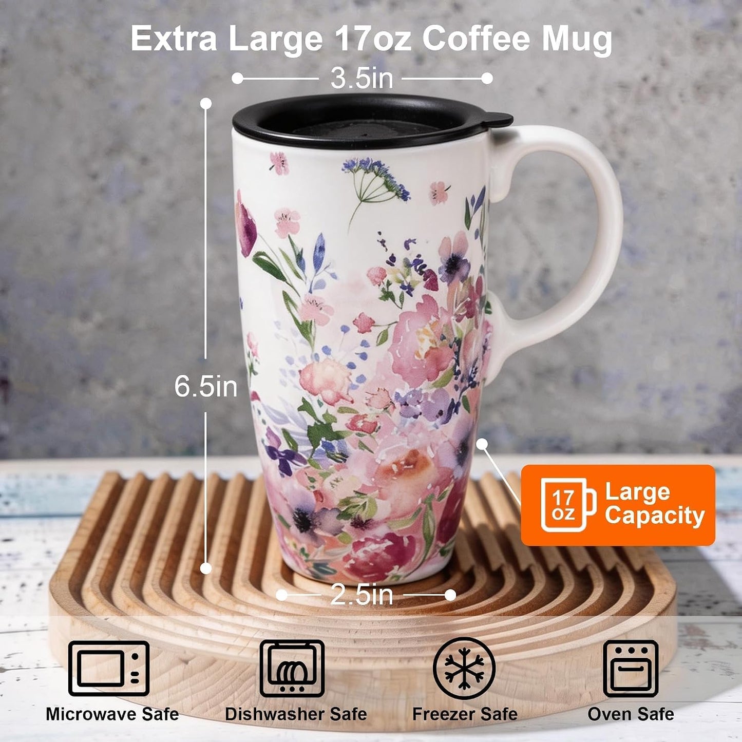 Botanical Ceramic Travel Mug with Lid, 17oz Floral Coffee Mug | Microwave & Dishwasher Safe Tea Cup with Gift Box