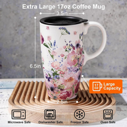 Botanical Ceramic Travel Mug with Lid, 17oz Floral Coffee Mug | Microwave & Dishwasher Safe Tea Cup with Gift Box