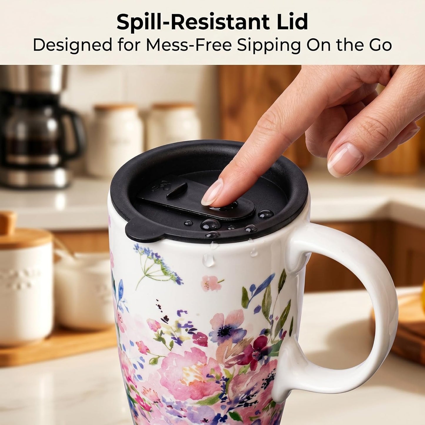 Botanical Ceramic Travel Mug with Lid, 17oz Floral Coffee Mug | Microwave & Dishwasher Safe Tea Cup with Gift Box