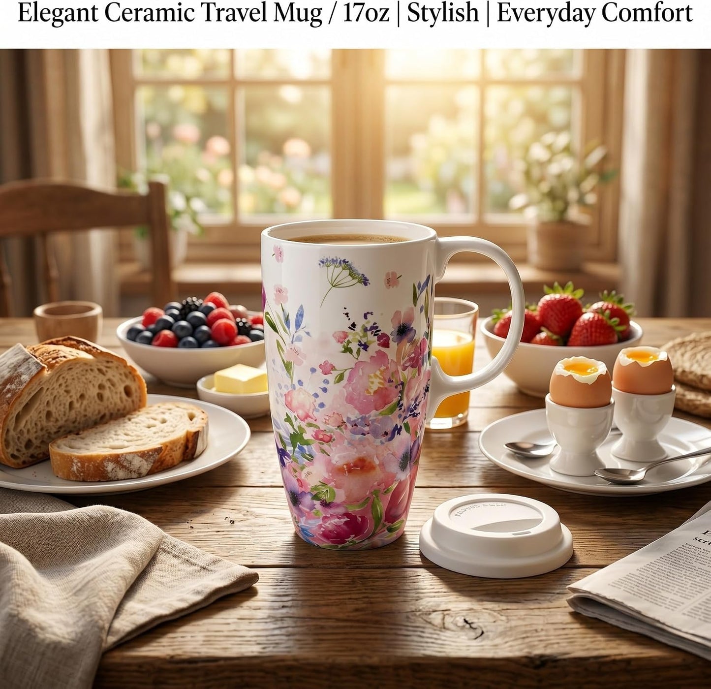 Botanical Ceramic Travel Mug with Lid, 17oz Floral Coffee Mug | Microwave & Dishwasher Safe Tea Cup with Gift Box