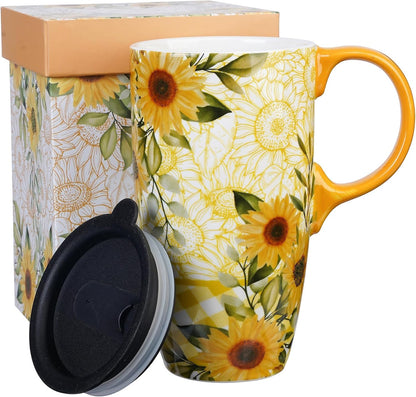 Botanical Ceramic Travel Mug with Lid, 17oz Floral Coffee Mug | Microwave & Dishwasher Safe Tea Cup with Gift Box
