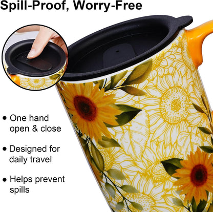 Botanical Ceramic Travel Mug with Lid, 17oz Floral Coffee Mug | Microwave & Dishwasher Safe Tea Cup with Gift Box