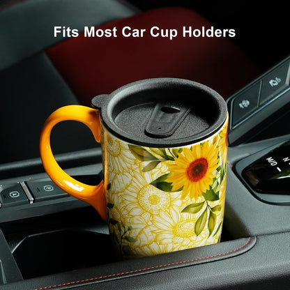 Botanical Ceramic Travel Mug with Lid, 17oz Floral Coffee Mug | Microwave & Dishwasher Safe Tea Cup with Gift Box