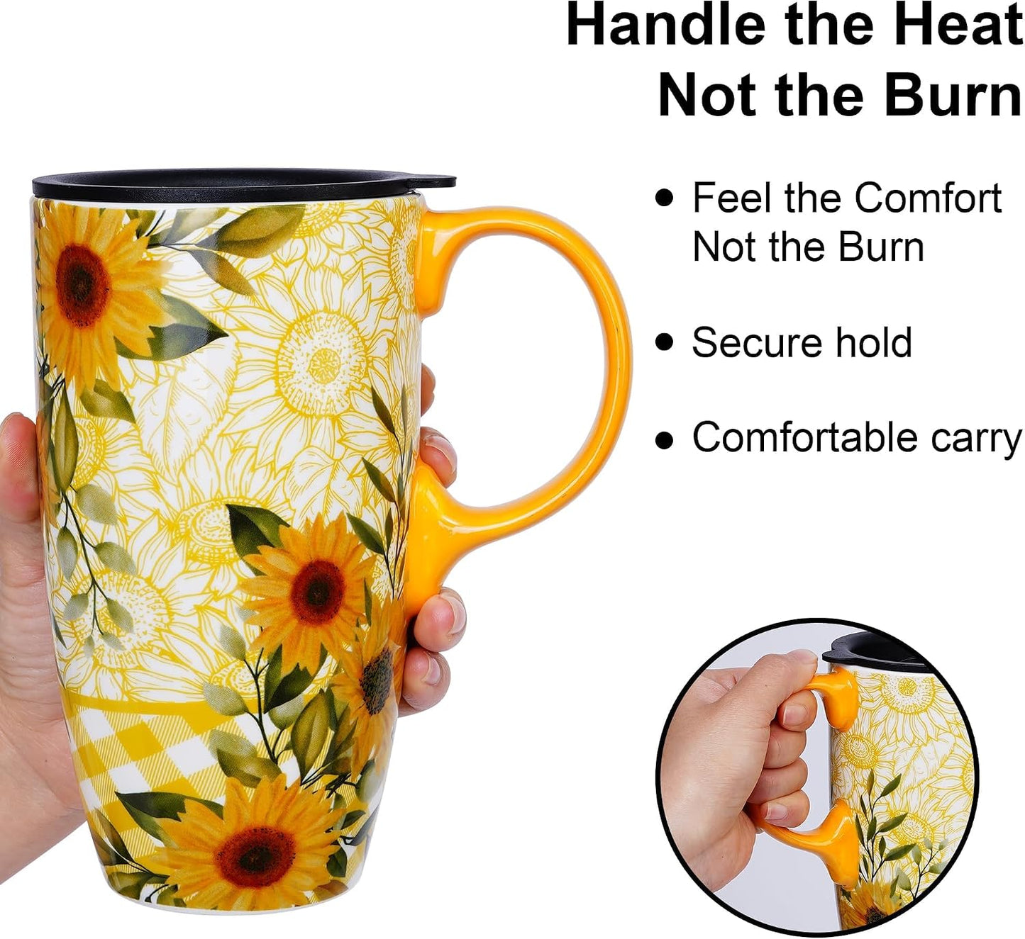 Botanical Ceramic Travel Mug with Lid, 17oz Floral Coffee Mug | Microwave & Dishwasher Safe Tea Cup with Gift Box