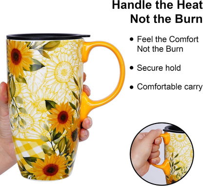 Botanical Ceramic Travel Mug with Lid, 17oz Floral Coffee Mug | Microwave & Dishwasher Safe Tea Cup with Gift Box