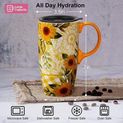 Botanical Ceramic Travel Mug with Lid, 17oz Floral Coffee Mug | Microwave & Dishwasher Safe Tea Cup with Gift Box