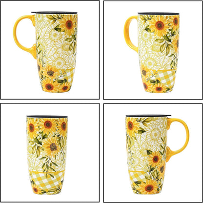 Botanical Ceramic Travel Mug with Lid, 17oz Floral Coffee Mug | Microwave & Dishwasher Safe Tea Cup with Gift Box