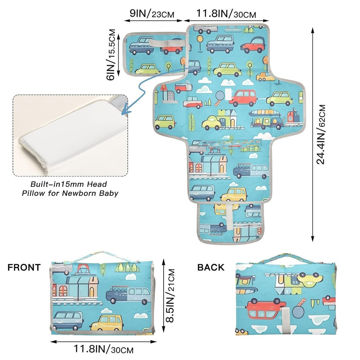 Cartoon Cars Vehicles Portable Diaper Changing Pad, Waterproof Baby Changing Mat with Storage Pocket & Built-in Pillow, Foldable Travel Pad, Newborn Gift Set for Boy Girl