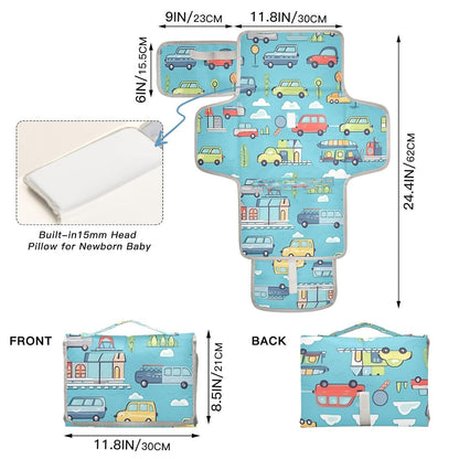 Cartoon Cars Vehicles Portable Diaper Changing Pad, Waterproof Baby Changing Mat with Storage Pocket & Built-in Pillow, Foldable Travel Pad, Newborn Gift Set for Boy Girl