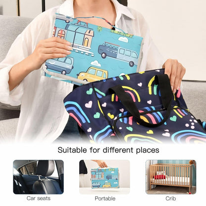 Cartoon Cars Vehicles Portable Diaper Changing Pad, Waterproof Baby Changing Mat with Storage Pocket & Built-in Pillow, Foldable Travel Pad, Newborn Gift Set for Boy Girl