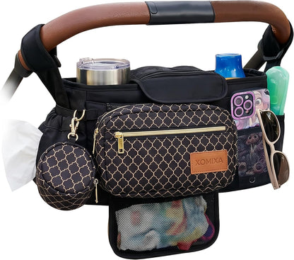 Stroller Organizer with Cup Holders – 9-in-1 Universal Baby Stroller Caddy with Multiple Pockets, Detachable Pouch & Pacifier Bag, Hooks & Adjustable Reflective Straps, Fits Most Strollers.