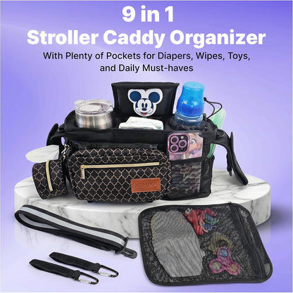 Stroller Organizer with Cup Holders – 9-in-1 Universal Baby Stroller Caddy with Multiple Pockets, Detachable Pouch & Pacifier Bag, Hooks & Adjustable Reflective Straps, Fits Most Strollers.
