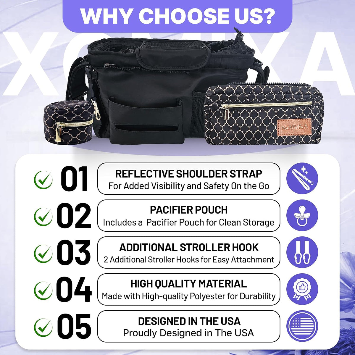 Stroller Organizer with Cup Holders – 9-in-1 Universal Baby Stroller Caddy with Multiple Pockets, Detachable Pouch & Pacifier Bag, Hooks & Adjustable Reflective Straps, Fits Most Strollers.