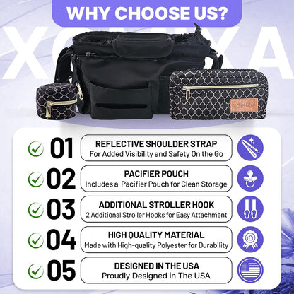 Stroller Organizer with Cup Holders – 9-in-1 Universal Baby Stroller Caddy with Multiple Pockets, Detachable Pouch & Pacifier Bag, Hooks & Adjustable Reflective Straps, Fits Most Strollers.