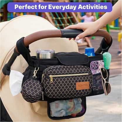 Stroller Organizer with Cup Holders – 9-in-1 Universal Baby Stroller Caddy with Multiple Pockets, Detachable Pouch & Pacifier Bag, Hooks & Adjustable Reflective Straps, Fits Most Strollers.