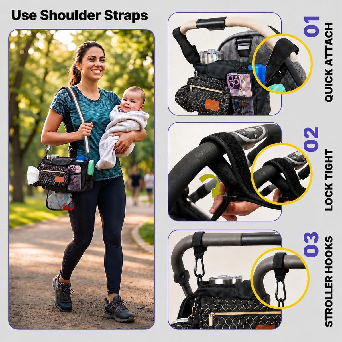 Stroller Organizer with Cup Holders – 9-in-1 Universal Baby Stroller Caddy with Multiple Pockets, Detachable Pouch & Pacifier Bag, Hooks & Adjustable Reflective Straps, Fits Most Strollers.