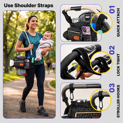 Stroller Organizer with Cup Holders – 9-in-1 Universal Baby Stroller Caddy with Multiple Pockets, Detachable Pouch & Pacifier Bag, Hooks & Adjustable Reflective Straps, Fits Most Strollers.