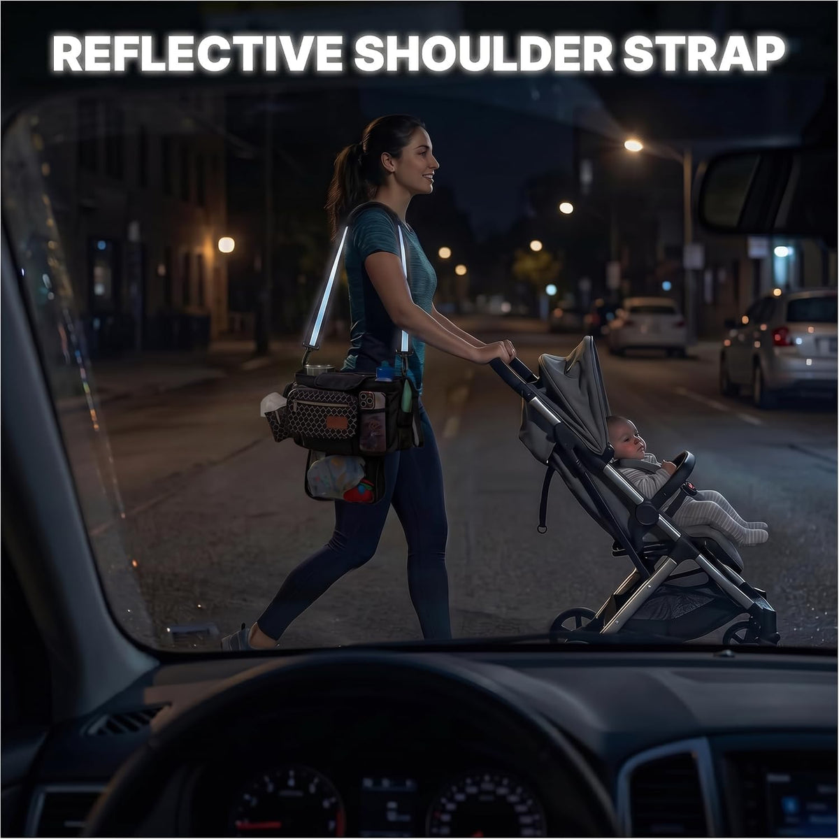 Stroller Organizer with Cup Holders – 9-in-1 Universal Baby Stroller Caddy with Multiple Pockets, Detachable Pouch & Pacifier Bag, Hooks & Adjustable Reflective Straps, Fits Most Strollers.