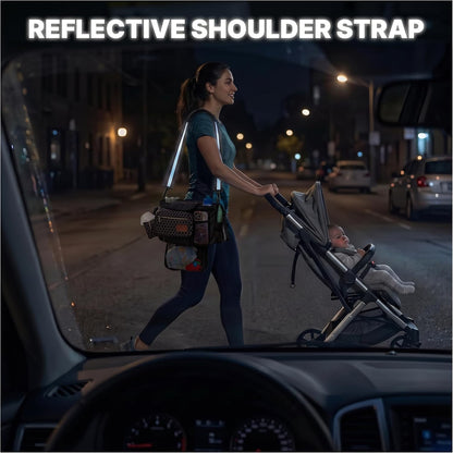 Stroller Organizer with Cup Holders – 9-in-1 Universal Baby Stroller Caddy with Multiple Pockets, Detachable Pouch & Pacifier Bag, Hooks & Adjustable Reflective Straps, Fits Most Strollers.