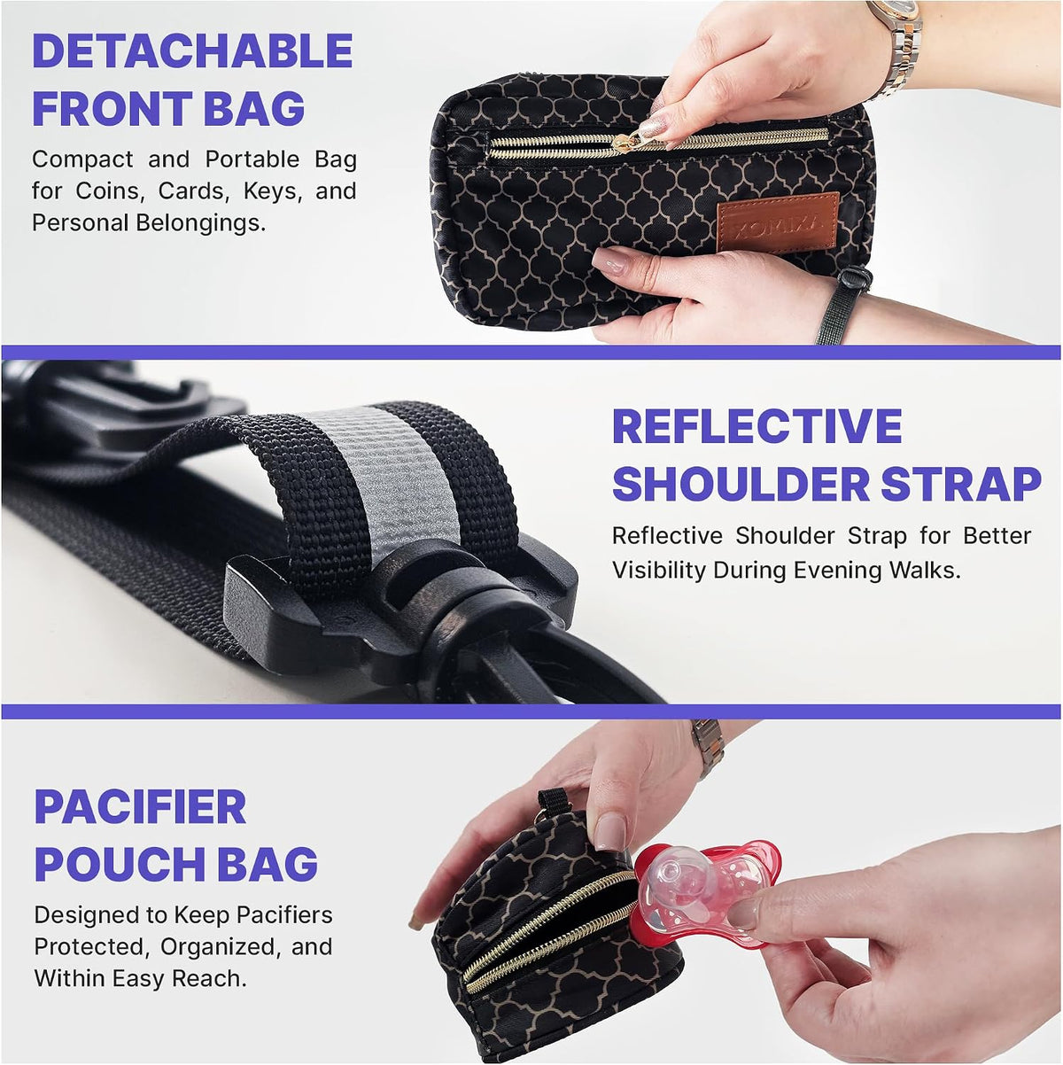 Stroller Organizer with Cup Holders – 9-in-1 Universal Baby Stroller Caddy with Multiple Pockets, Detachable Pouch & Pacifier Bag, Hooks & Adjustable Reflective Straps, Fits Most Strollers.