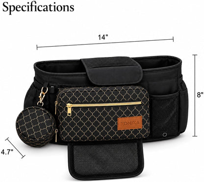 Stroller Organizer with Cup Holders – 9-in-1 Universal Baby Stroller Caddy with Multiple Pockets, Detachable Pouch & Pacifier Bag, Hooks & Adjustable Reflective Straps, Fits Most Strollers.